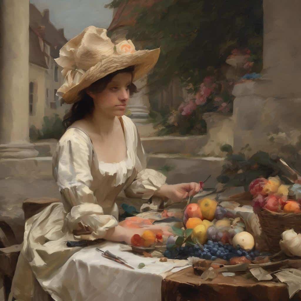 Ανθρώπινη γυναίκα με καπέλο σε ζωγραφική σκηνή αγορών και φρούτα.