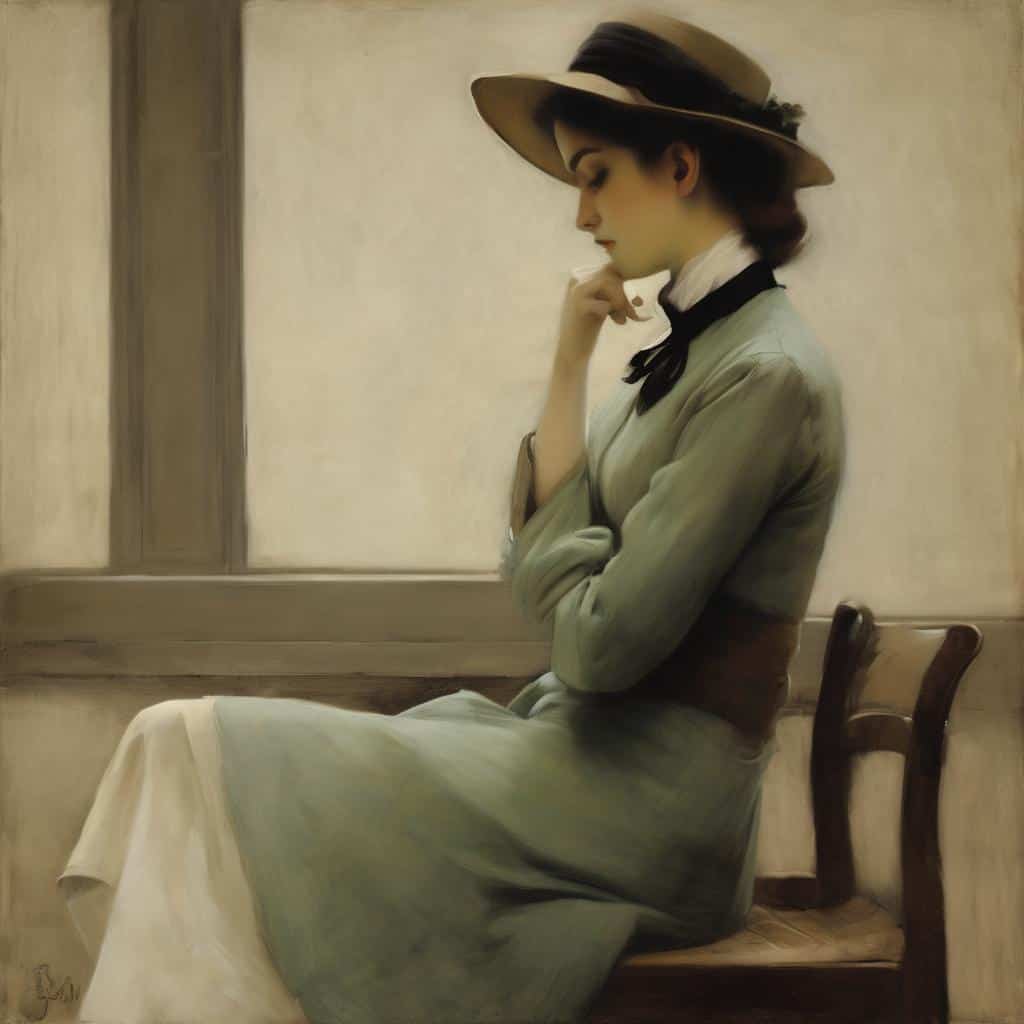 Χυσάρι και οπτική αντίληψη στην τέχνη, γυναίκα σε vintage σκηνικό με καπέλο, εκπέμπει γαλήνη και σοφία.