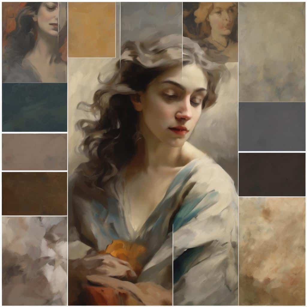 Κατάλογος εικόνας, όμορφη νεαρή γυναίκα με πλούσια, σγουρά μαλλιά σε καμβά ζωγραφικής.