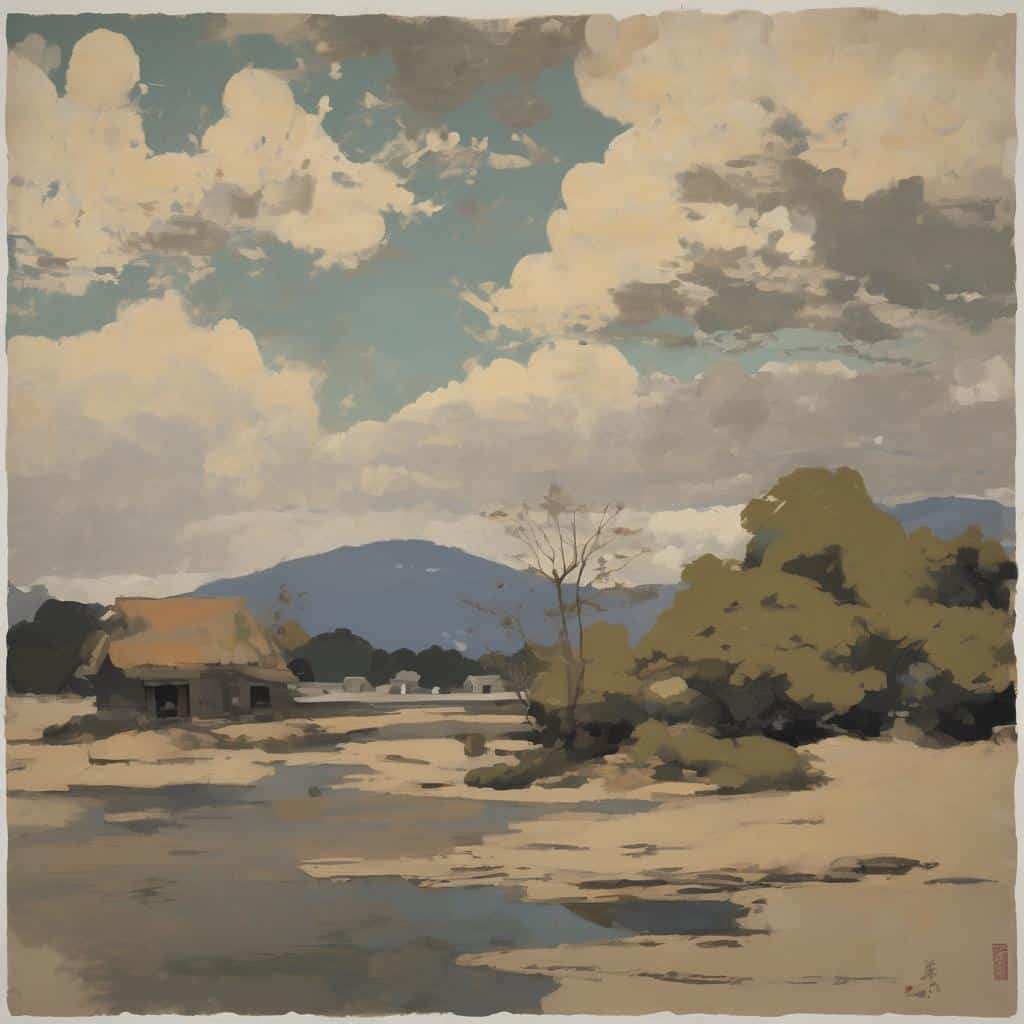 Οπτική τέχνη και φυσική τοπίο με σύννεφα και δέντρα σε ζωγραφική αναπαράσταση.