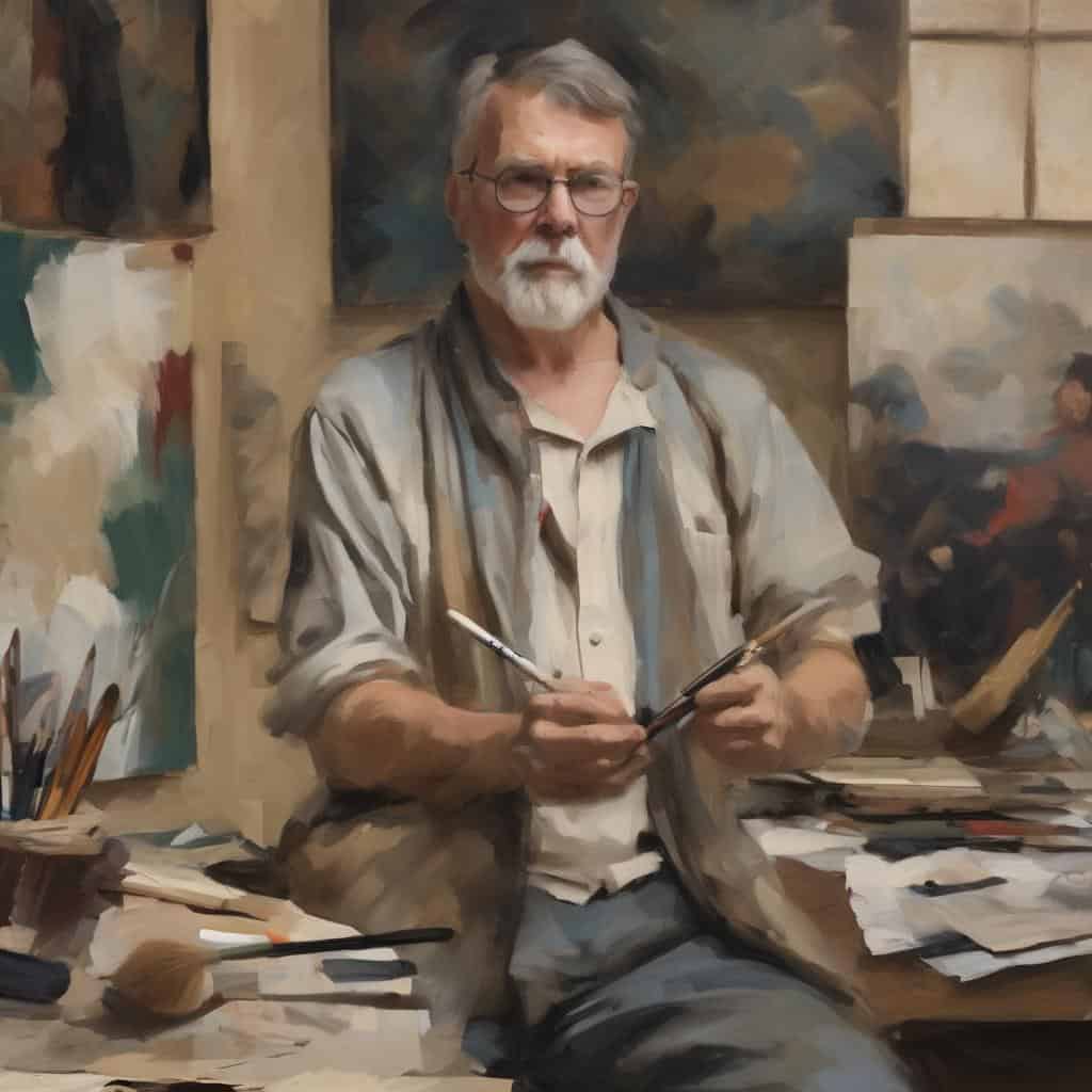 Ζωγράφος σε στούντιο με έργα τέχνης και καμβάδες, δημιουργικός χώρος τέχνης και οπτικής αντίληψης.