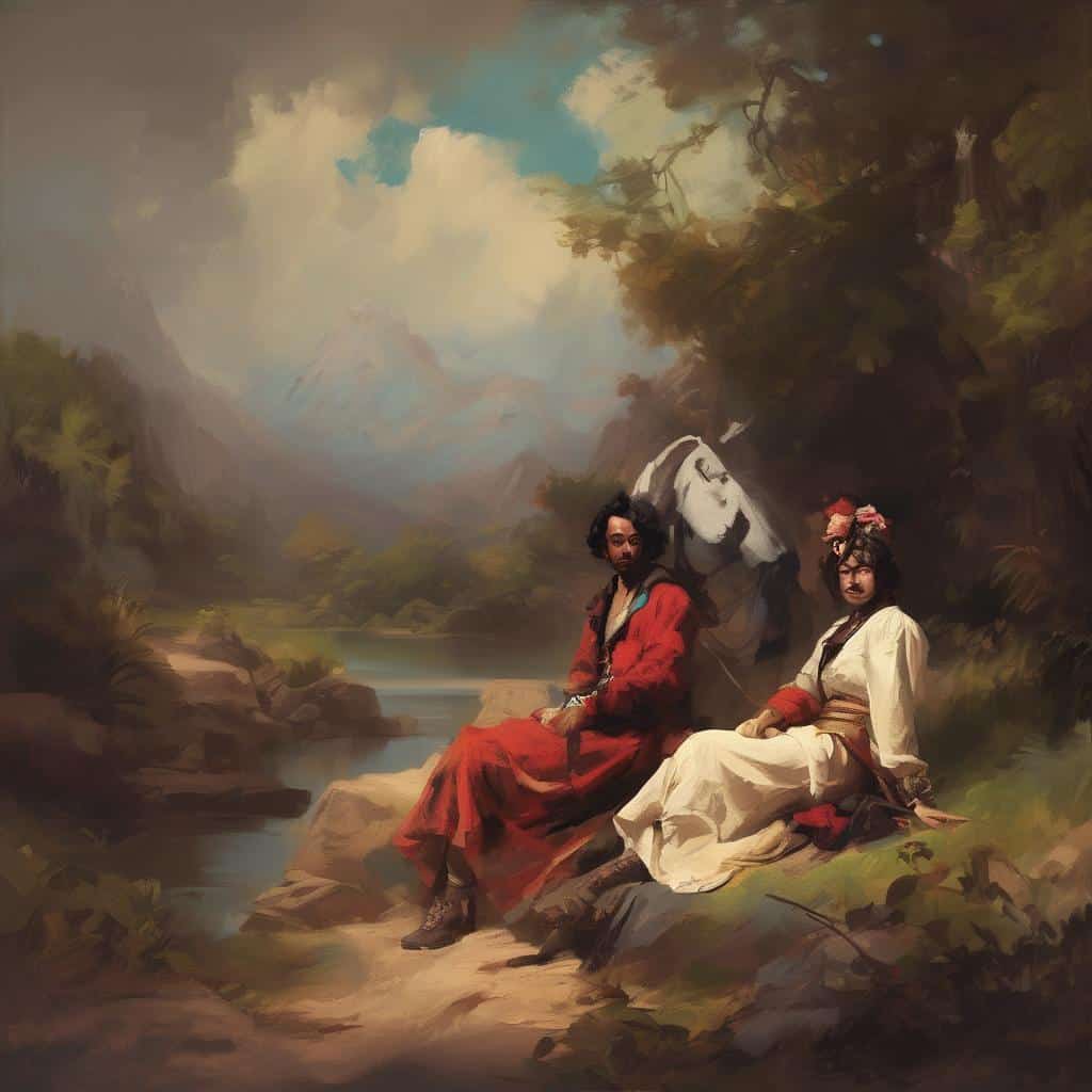 Ανθρώπινα πρόσωπα σε φυσικό τοπίο με οπτική τέχνη και φανταστική αίσθηση.