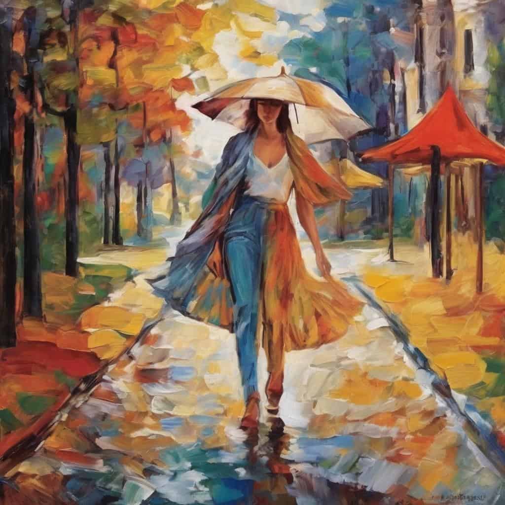 Ζωγραφική με γυναίκα με ομπρέλα σε πάρκο με φθινοπωρικά δέντρα και παραδοσιακά κιόσκια, σε ζωηρά χρώματα, τέχνη και οπτική αντίληψη.